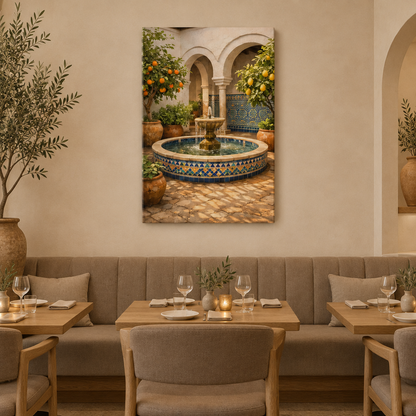 Andalusian courtyard mosaic fountain canvas with orange and lemon trees in a neutral restaurant dining room - Portugal Canvas Co