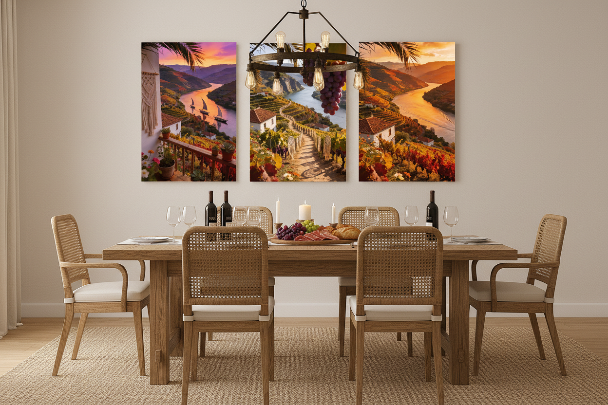 Douro Valley vineyard triptych canvas wall art set displayed in a warm rustic dining room interior - Portugal Canvas Co