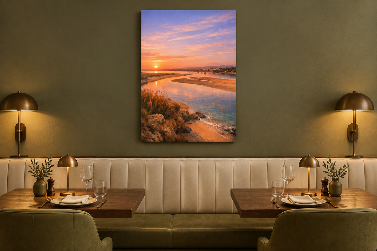 Alvor Estuary at golden hour portrait canvas displayed in an olive green restaurant - Portugal Canvas Co