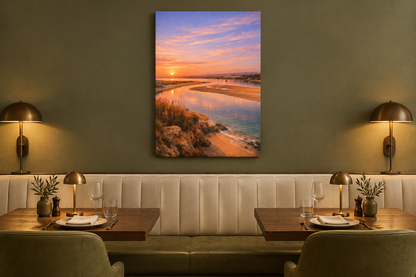 Alvor Estuary at golden hour portrait canvas displayed in an olive green restaurant - Portugal Canvas Co