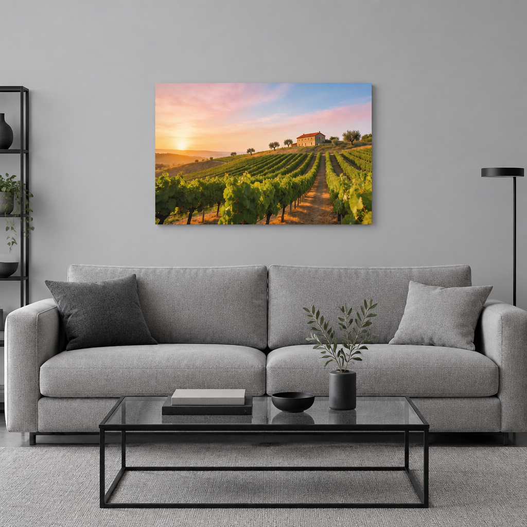 Portugal vineyard at sunset on a gallery-wrapped canvas on a cool grey wall in a minimalist living room with a grey sofa and glass coffee table - Portugal Canvas Co