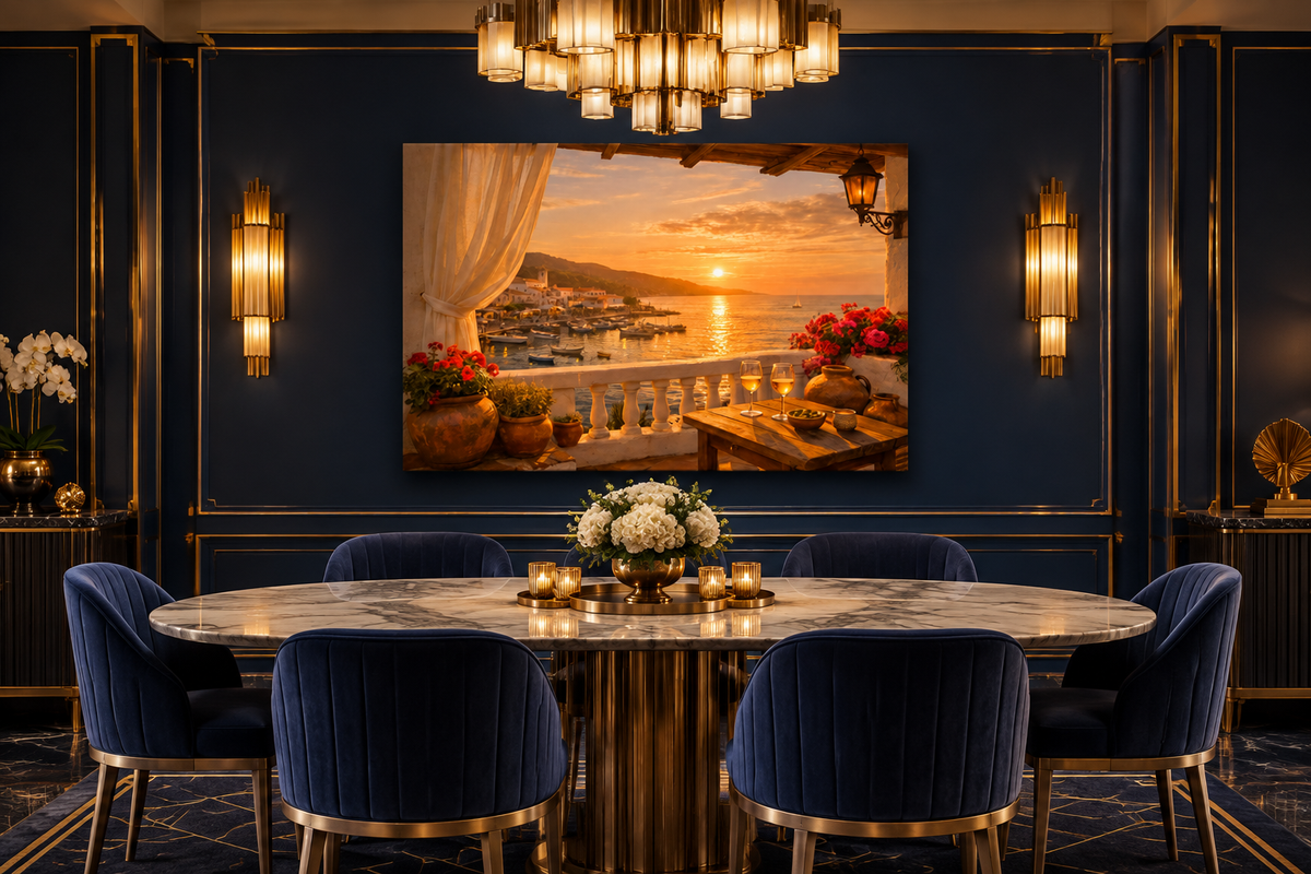 Mediterranean harbour sunset balcony canvas in a navy and brass Art Deco dining room - Portugal Canvas Co