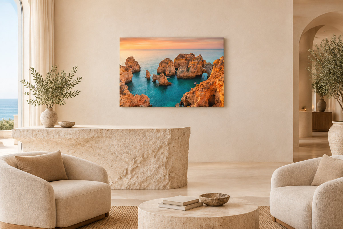 Ponta da Piedade sea arches and golden rock stacks canvas in luxury coastal hotel lobby - Portugal Canvas Co