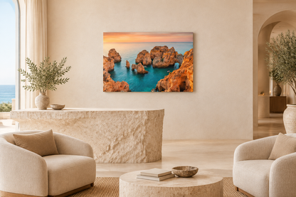 Ponta da Piedade sea arches and golden rock stacks canvas in luxury coastal hotel lobby - Portugal Canvas Co