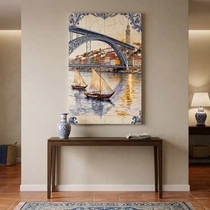 Porto bridge and sailboats canvas above a dark wood hallway console - Portugal Canvas Co