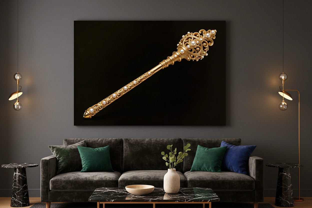 Royal golden scepter with pearl embellishments canvas wall art displayed on the wall of a sophisticated dark luxury living room with charcoal walls and gold accent lighting - Portugal Canvas Co