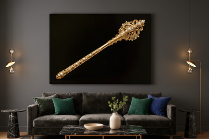 Royal golden scepter with pearl embellishments canvas wall art displayed on the wall of a sophisticated dark luxury living room with charcoal walls and gold accent lighting - Portugal Canvas Co