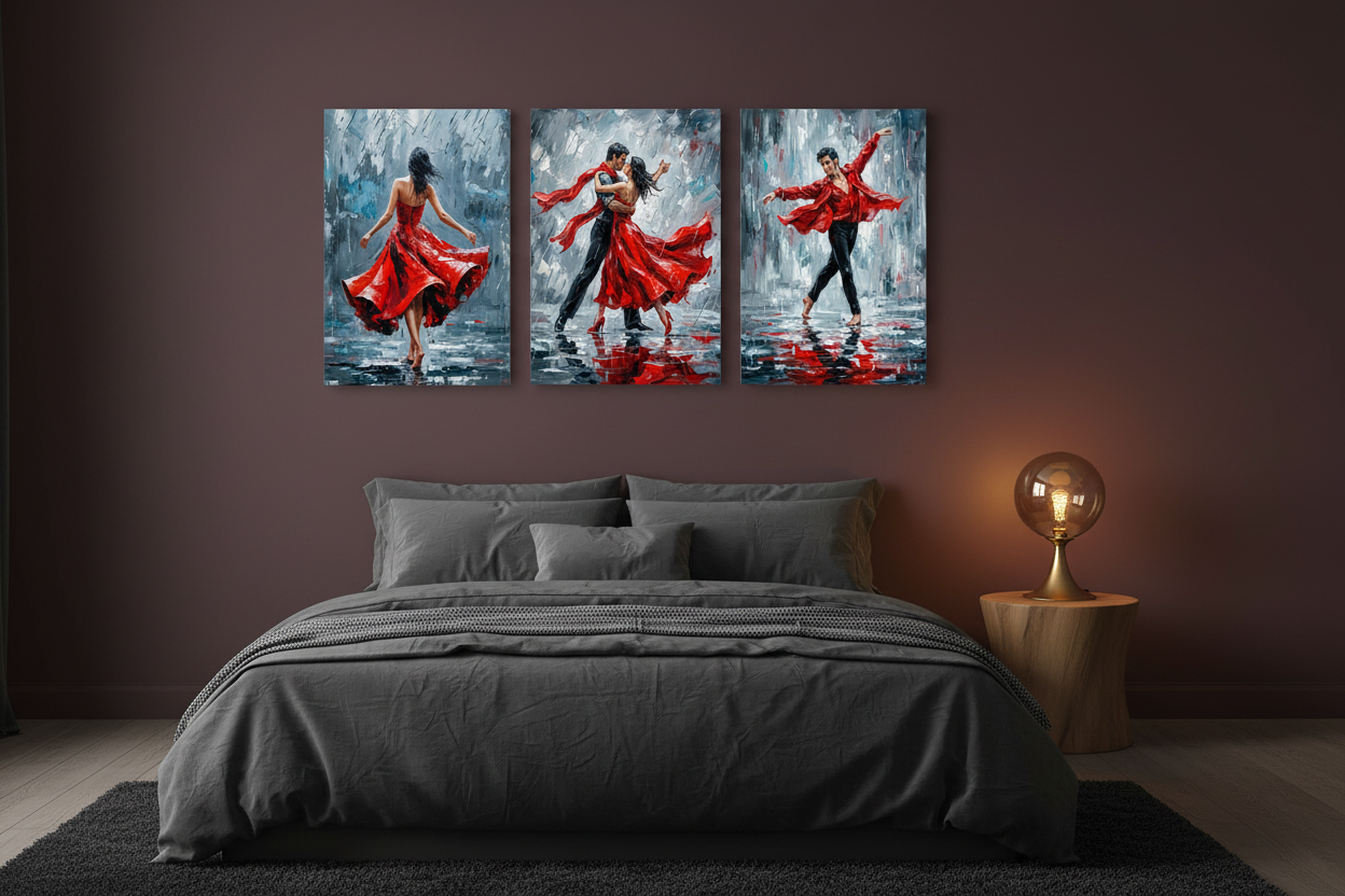Expressive dance triptych red dress movement three panel canvas wall art on a burgundy wall in a dramatic moody bedroom - Portugal Canvas Co