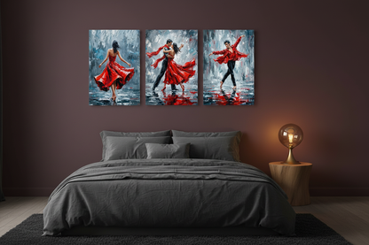 Expressive dance triptych red dress movement three panel canvas wall art on a burgundy wall in a dramatic moody bedroom - Portugal Canvas Co
