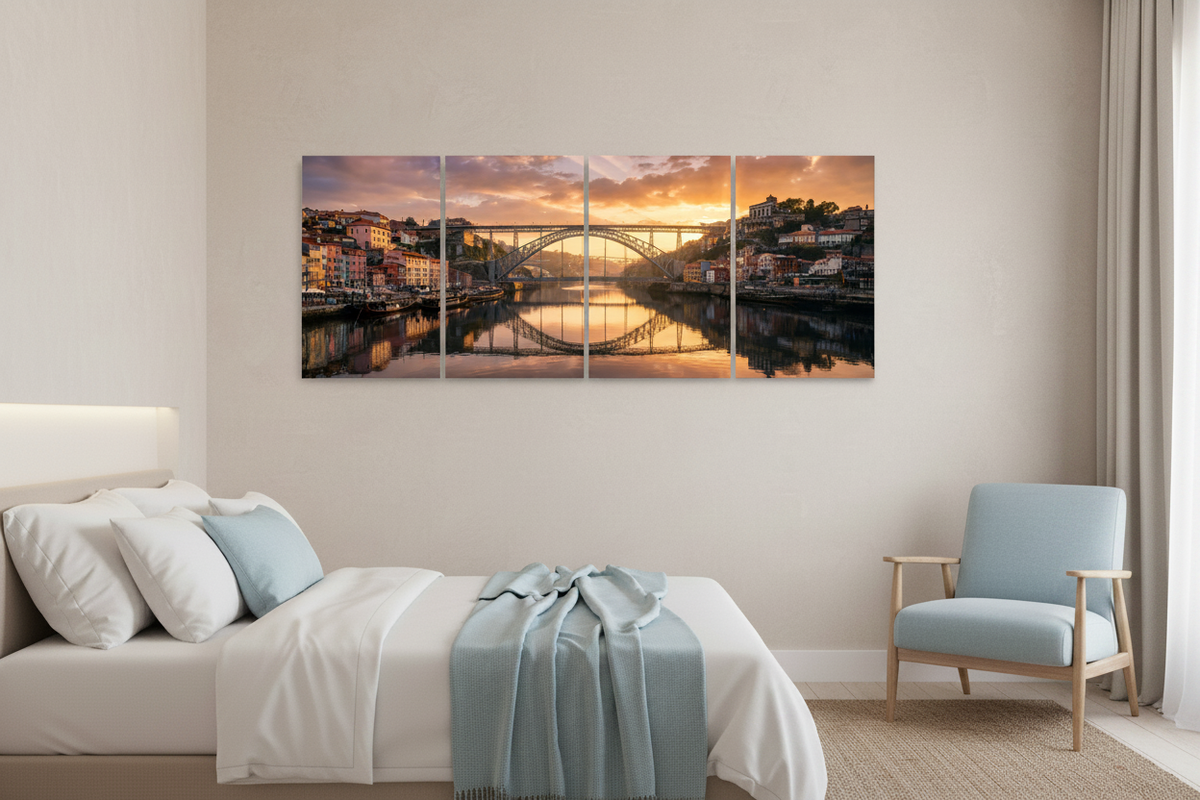 Porto bridge four-panel canvas in a light bedroom - Portugal Canvas Co