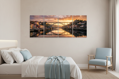 Porto bridge four-panel canvas in a light bedroom - Portugal Canvas Co