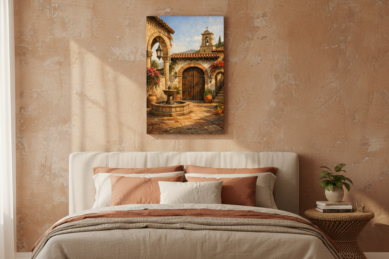 Mediterranean courtyard with bell tower canvas print above bed in warm earthy bedroom with sand and terracotta linen and rattan bedside table - Portugal Canvas Co