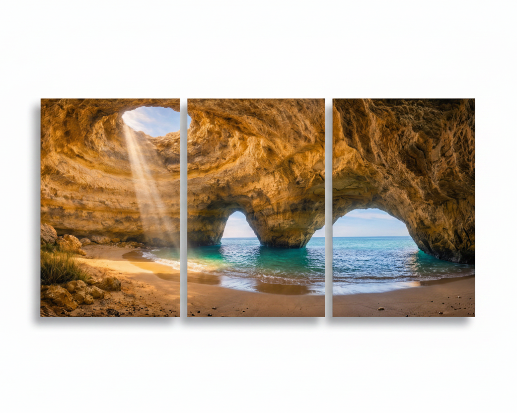 Benagil sea cave triptych canvas wall art with golden sandstone arches, sunbeam lightfall and turquoise Atlantic ocean viewed from inside the cave - Portugal Canvas Co