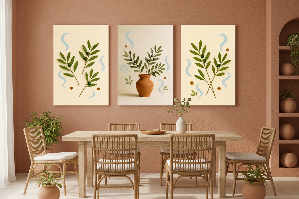 Olive Branch Botanical Canvas Set triptych on terracotta wall in a boho Mediterranean dining room - Portugal Canvas Co