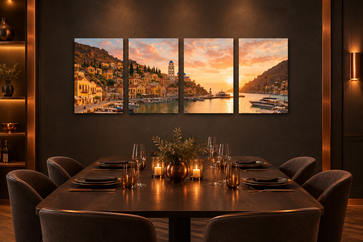 Symi harbour sunset four-panel canvas in a charcoal and copper fine-dining private room - Portugal Canvas Co
