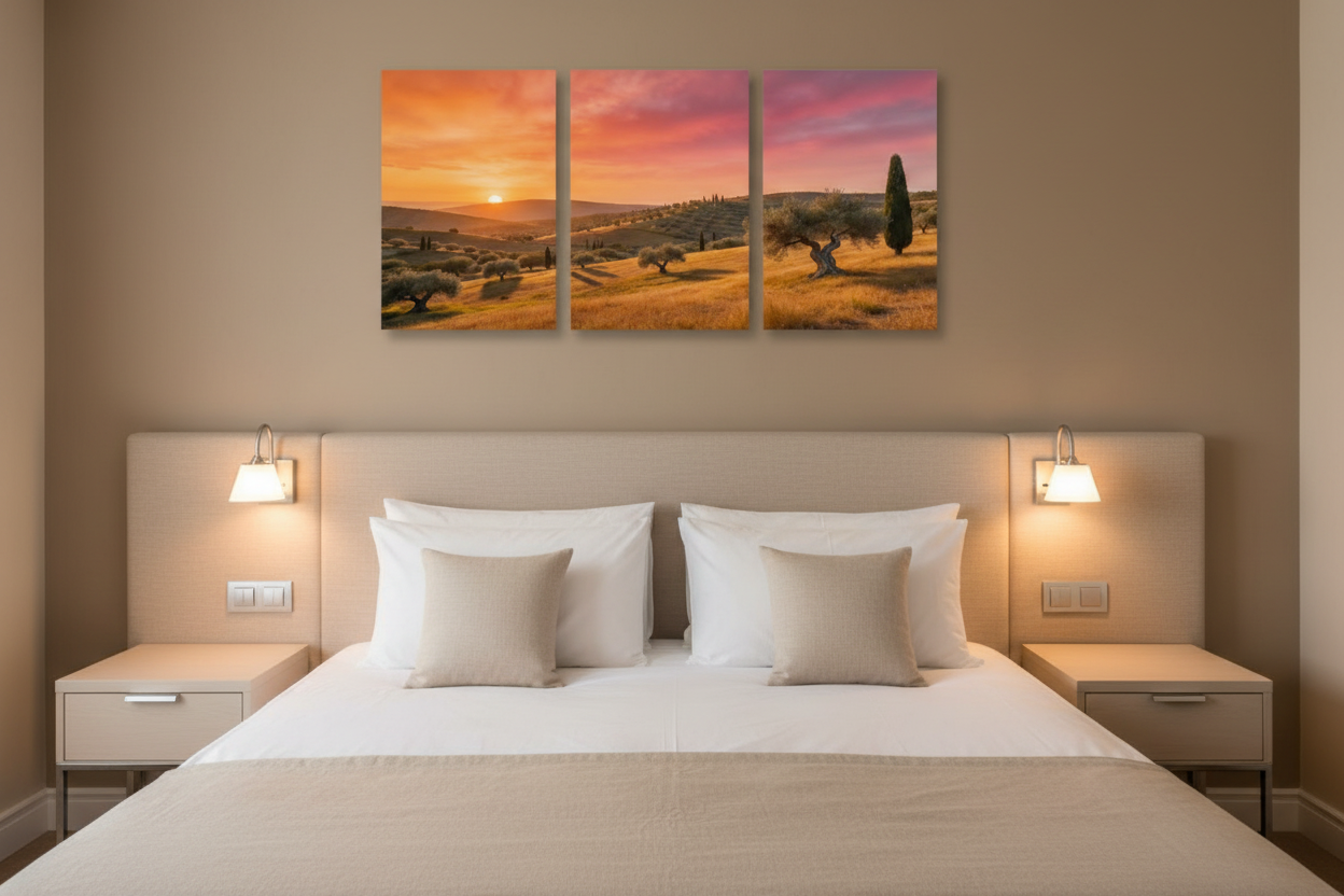 Mediterranean golden sunset olive grove triptych canvas wall art displayed above king-size bed in luxury boutique hotel room - Portugal Canvas Co