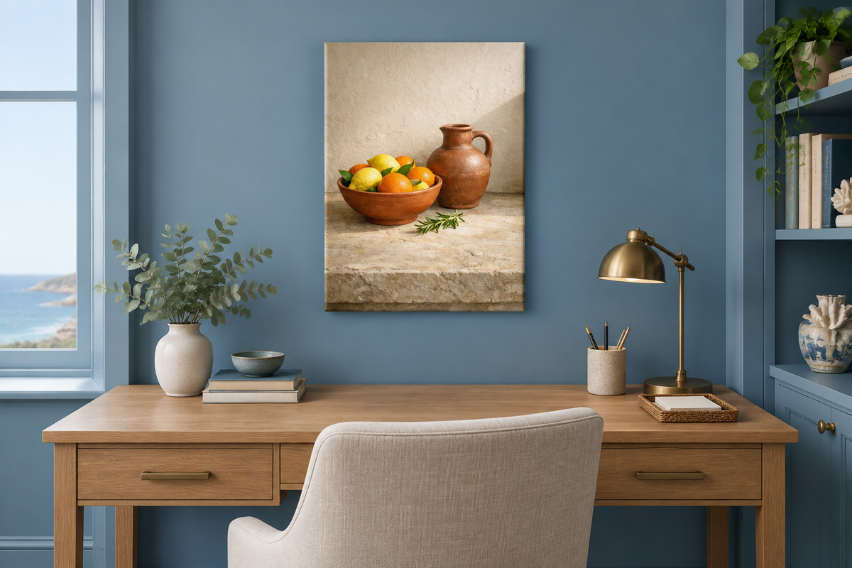 Citrus bowl and terracotta jug still life canvas displayed in a coastal blue home office - Portugal Canvas Co
