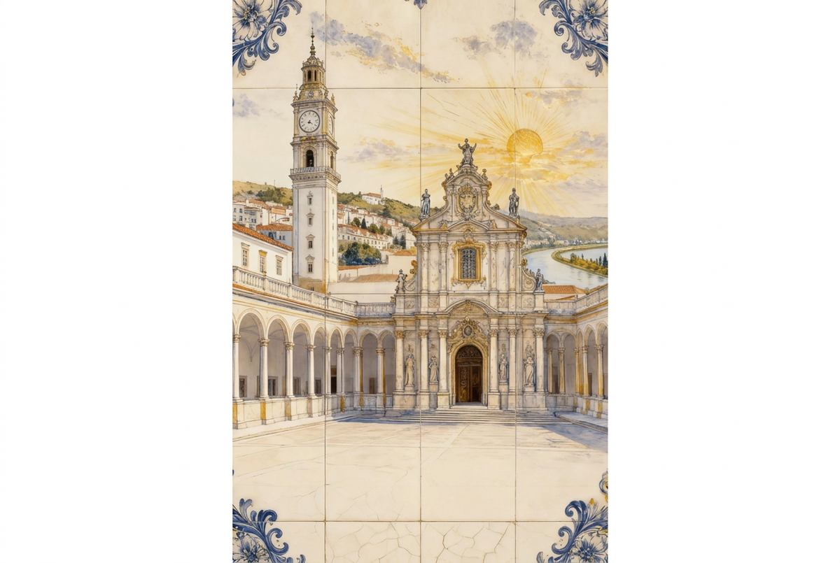 Portrait Coimbra architecture canvas with a clock tower, ornate church and blue azulejo-style corners on pure white - Portugal Canvas Co