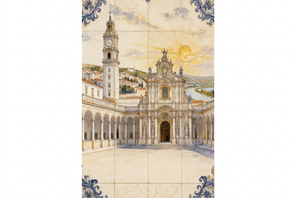 Portrait Coimbra architecture canvas with a clock tower, ornate church and blue azulejo-style corners on pure white - Portugal Canvas Co