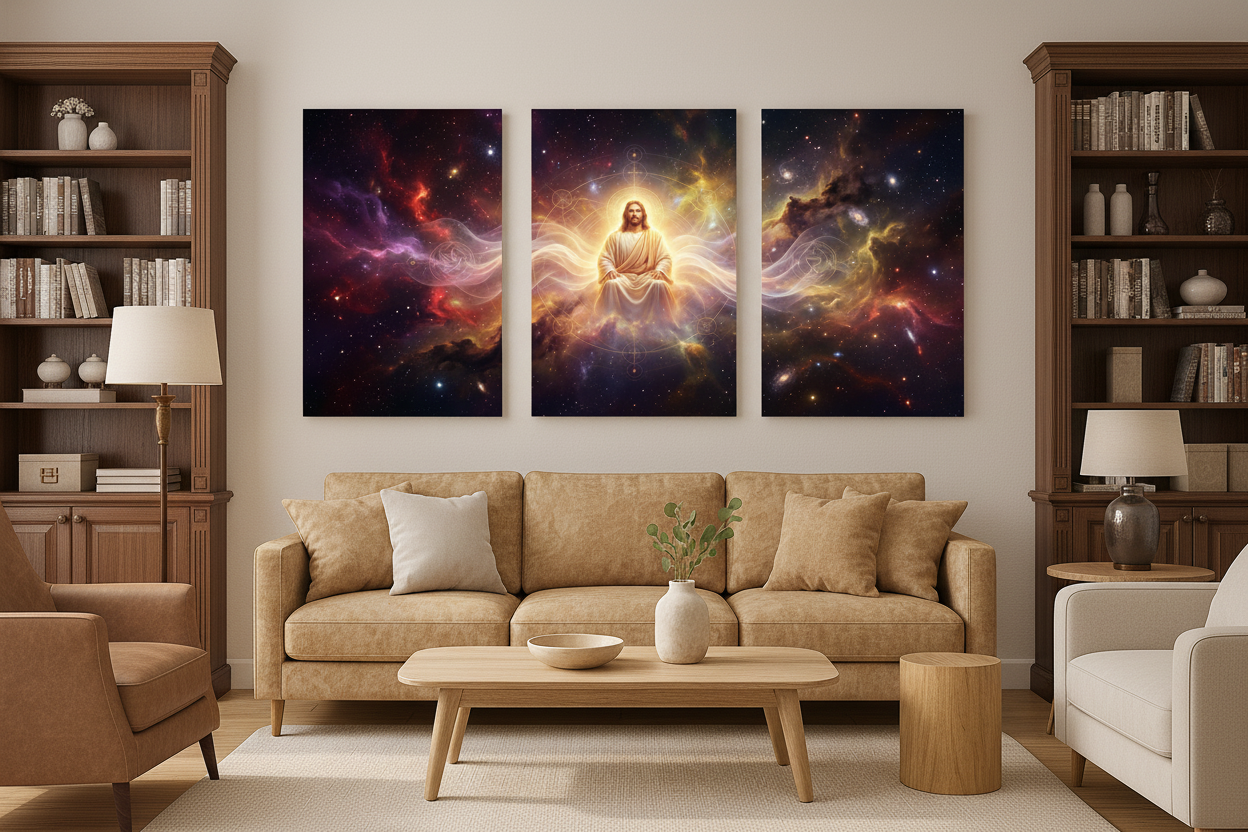 Cosmic divine light Jesus triptych canvas wall art on a cream wall in a cosy traditional living room with dark wood furniture - Portugal Canvas Co
