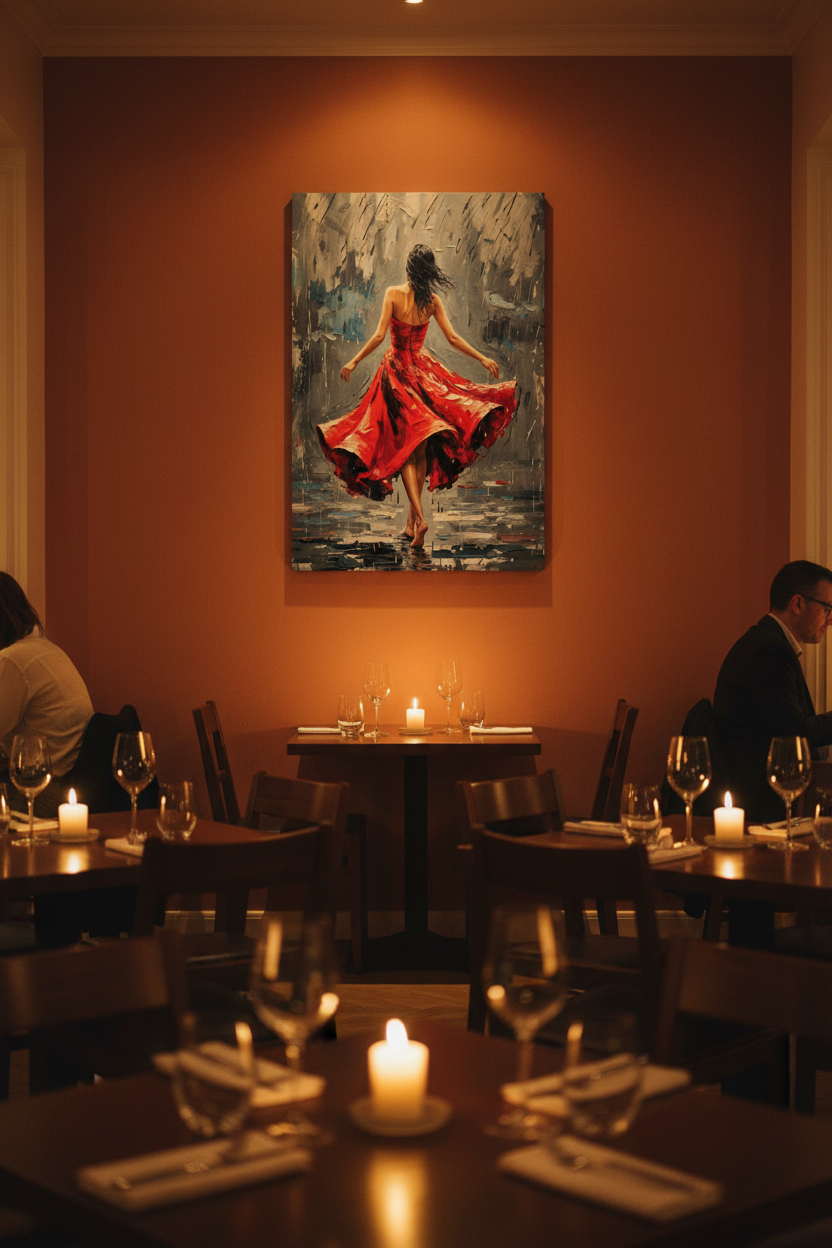 Female flamenco dancer red dress canvas wall art on a terracotta wall in an upscale candlelit restaurant dining room - Portugal Canvas Co