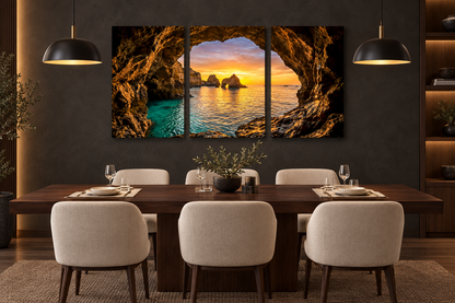 Algarve cave sunset three-panel canvas displayed in a charcoal dining room with walnut table - Portugal Canvas Co