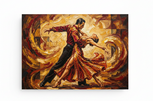 Dynamic swirling tango couples dance canvas wall art flat lay on white background top-down view - Portugal Canvas Co