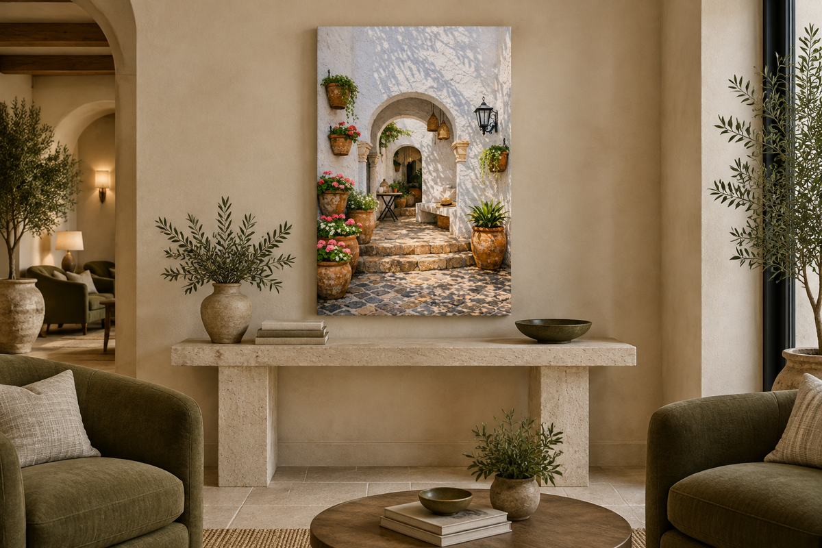 Sunlit courtyard archway canvas above a limestone console in a boutique hotel lounge - Portugal Canvas Co