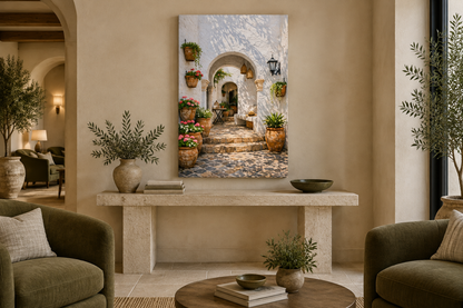 Sunlit courtyard archway canvas above a limestone console in a boutique hotel lounge - Portugal Canvas Co