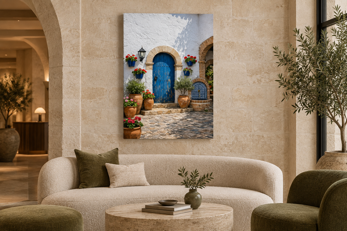 Blue door courtyard wall art with potted geraniums in a limestone boutique hotel lobby - Portugal Canvas Co