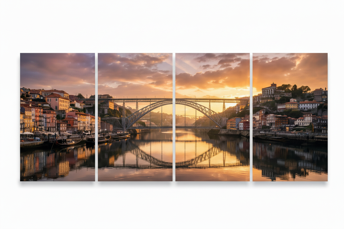 Tight close-up of Porto bridge four-panel canvas on pure white background - Portugal Canvas Co