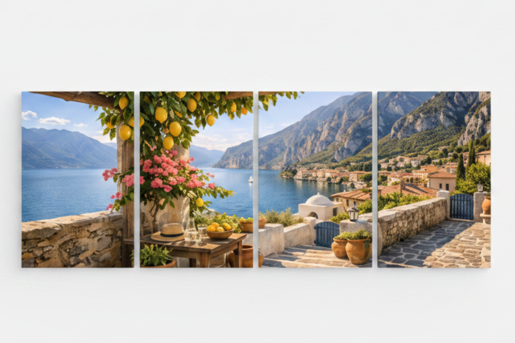 Hidden Mediterranean cove four-panel canvas wall art flat lay overhead view on white background showing all four panels - Portugal Canvas Co