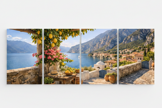 Hidden Mediterranean cove four-panel canvas wall art flat lay overhead view on white background showing all four panels - Portugal Canvas Co