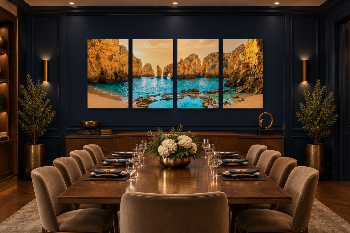 Four-panel Algarve golden arches canvas in a navy and bronze luxury private dining room - Portugal Canvas Co