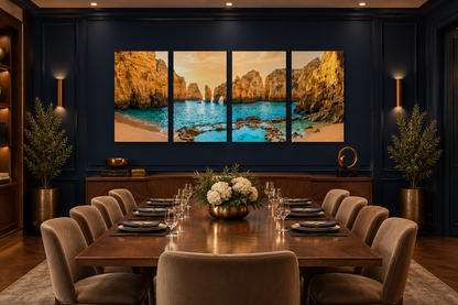 Four-panel Algarve golden arches canvas in a navy and bronze luxury private dining room - Portugal Canvas Co