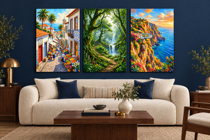 Village street, forest waterfall and coastal cliffs three-panel canvas above a cream sofa in a navy living room - Portugal Canvas Co