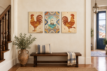 Portuguese rooster and ship three-panel canvas wall art in a cream Porto townhouse hallway - Portugal Canvas Co