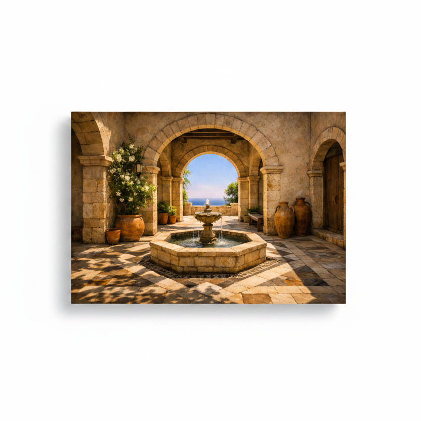 Mediterranean courtyard with stone arches and fountain canvas wall art on white background - Portugal Canvas Co