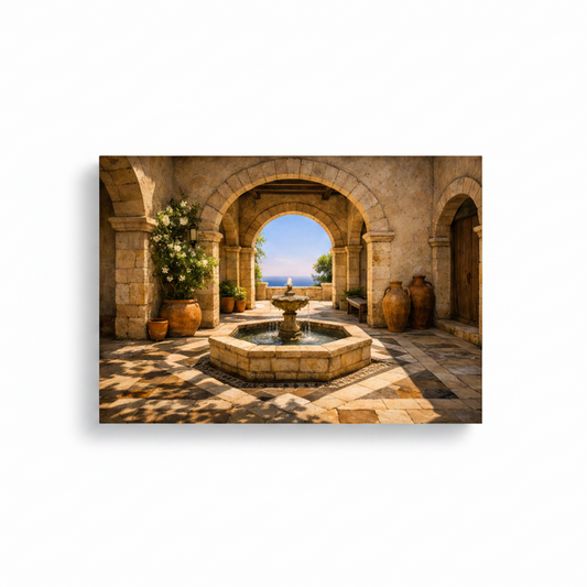Mediterranean courtyard with stone arches and fountain canvas wall art on white background - Portugal Canvas Co
