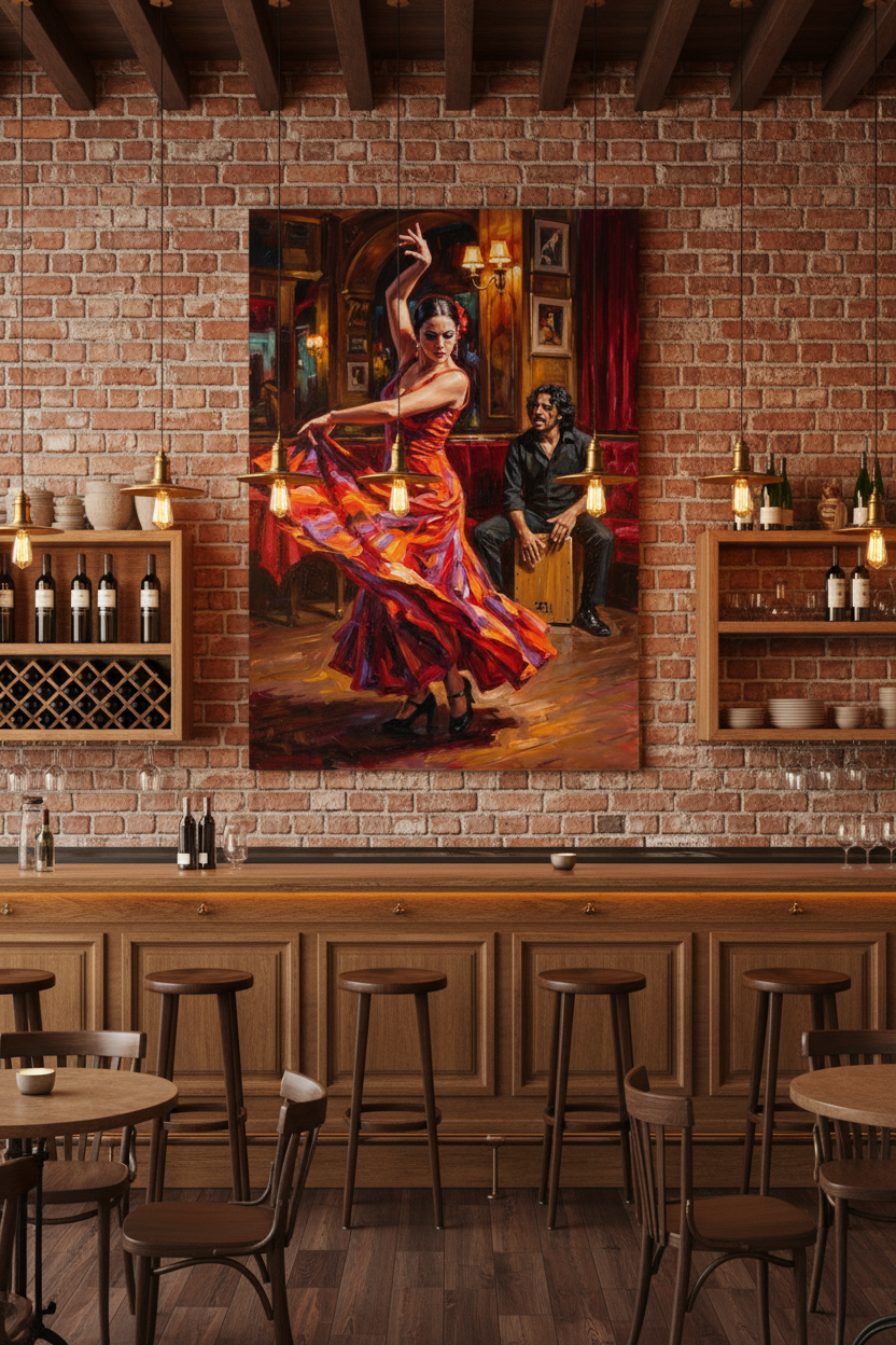 Flamenco dancer and cajón musician canvas wall art displayed on exposed brick wall in a stylish tapas bar with warm pendant lighting - Portugal Canvas Co