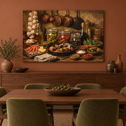 Mediterranean ingredients still-life canvas displayed in a terracotta dining room - Portugal Canvas Co