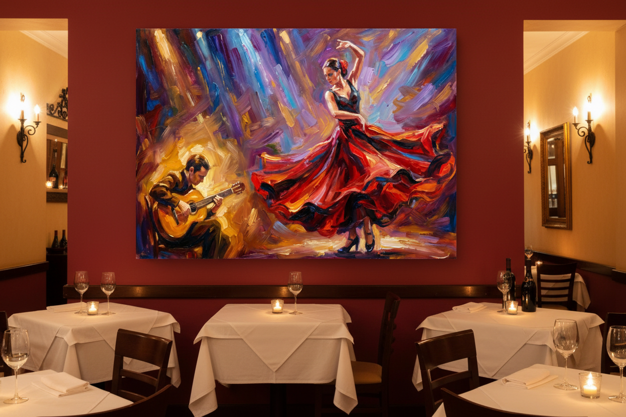 Flamenco dancer and guitarist vibrant canvas wall art displayed on a deep red wall in an upscale Spanish restaurant with candlelit tables - Portugal Canvas Co
