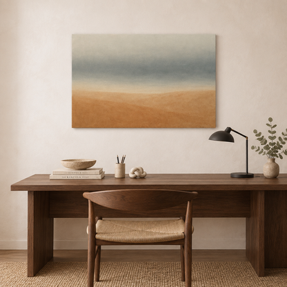 Soft abstract horizon canvas in warm beige and grey-blue above walnut creative studio desk - Portugal Canvas Co