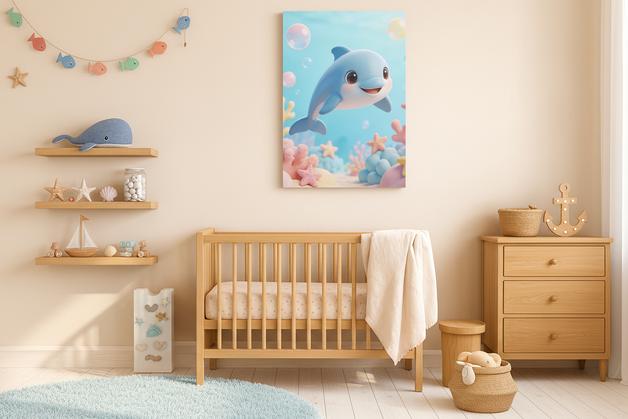 Cute dolphin canvas wall art displayed in a bright ocean-themed children's bedroom - Portugal Canvas Co
