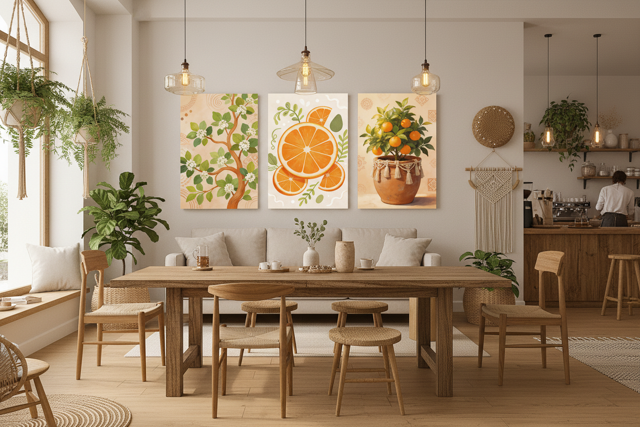 Mediterranean citrus triptych canvas wall art set displayed on the wall of a charming boho café with warm neutral walls and wicker accents - Portugal Canvas Co