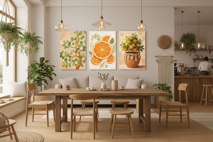 Mediterranean citrus triptych canvas wall art set displayed on the wall of a charming boho café with warm neutral walls and wicker accents - Portugal Canvas Co