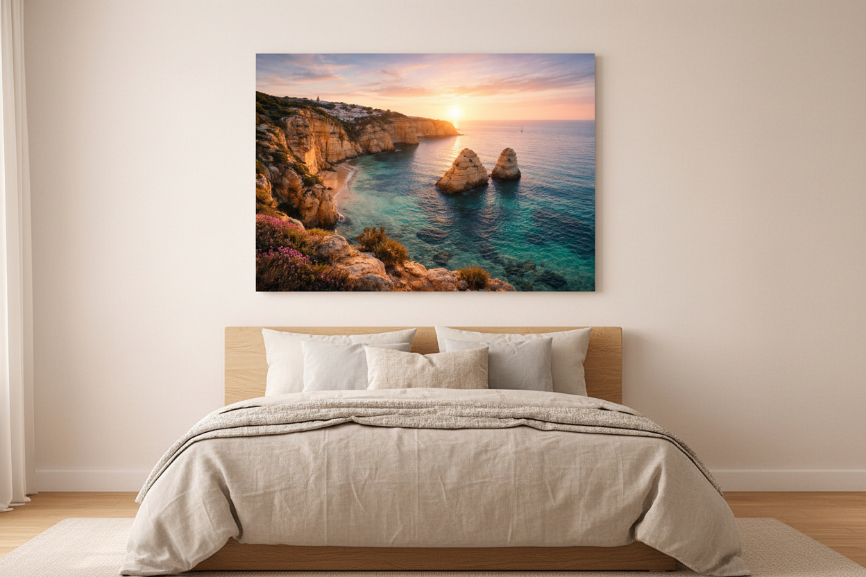 Algarve Praia da Marinha golden cliffs turquoise cove sunset canvas wall art displayed above a bed in a bright minimalist bedroom - Portugal Canvas Co