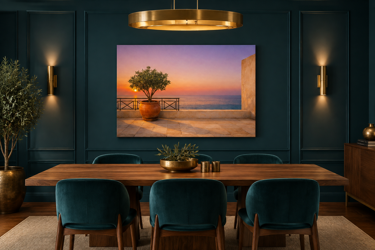 Mediterranean terrace at sunset canvas print in a dark teal dining room - Portugal Canvas Co