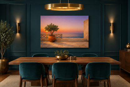 Mediterranean terrace at sunset canvas print in a dark teal dining room - Portugal Canvas Co