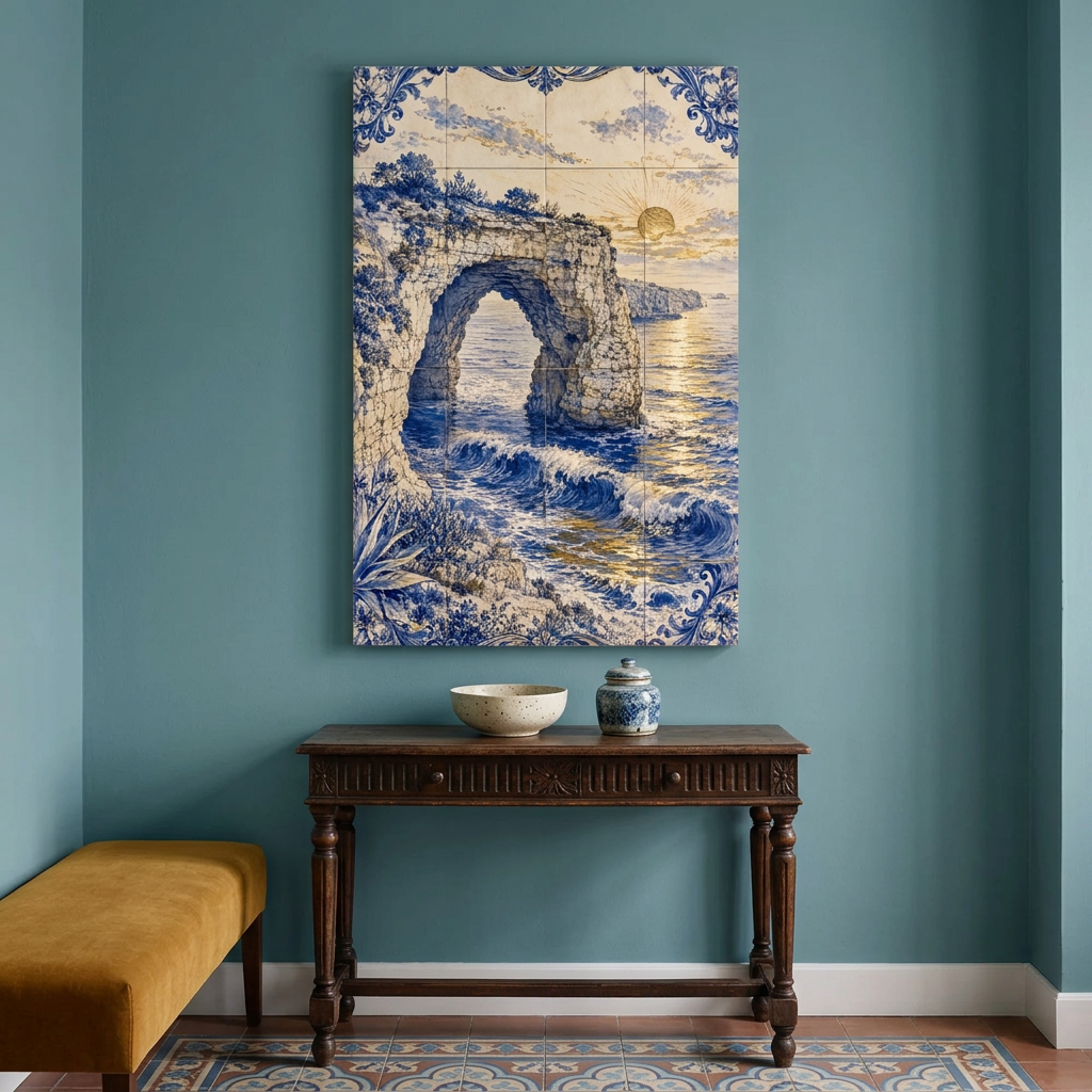 Azulejo-style coastal rock arch sunset canvas above a dark wood console in a teal entrance hall - Portugal Canvas Co